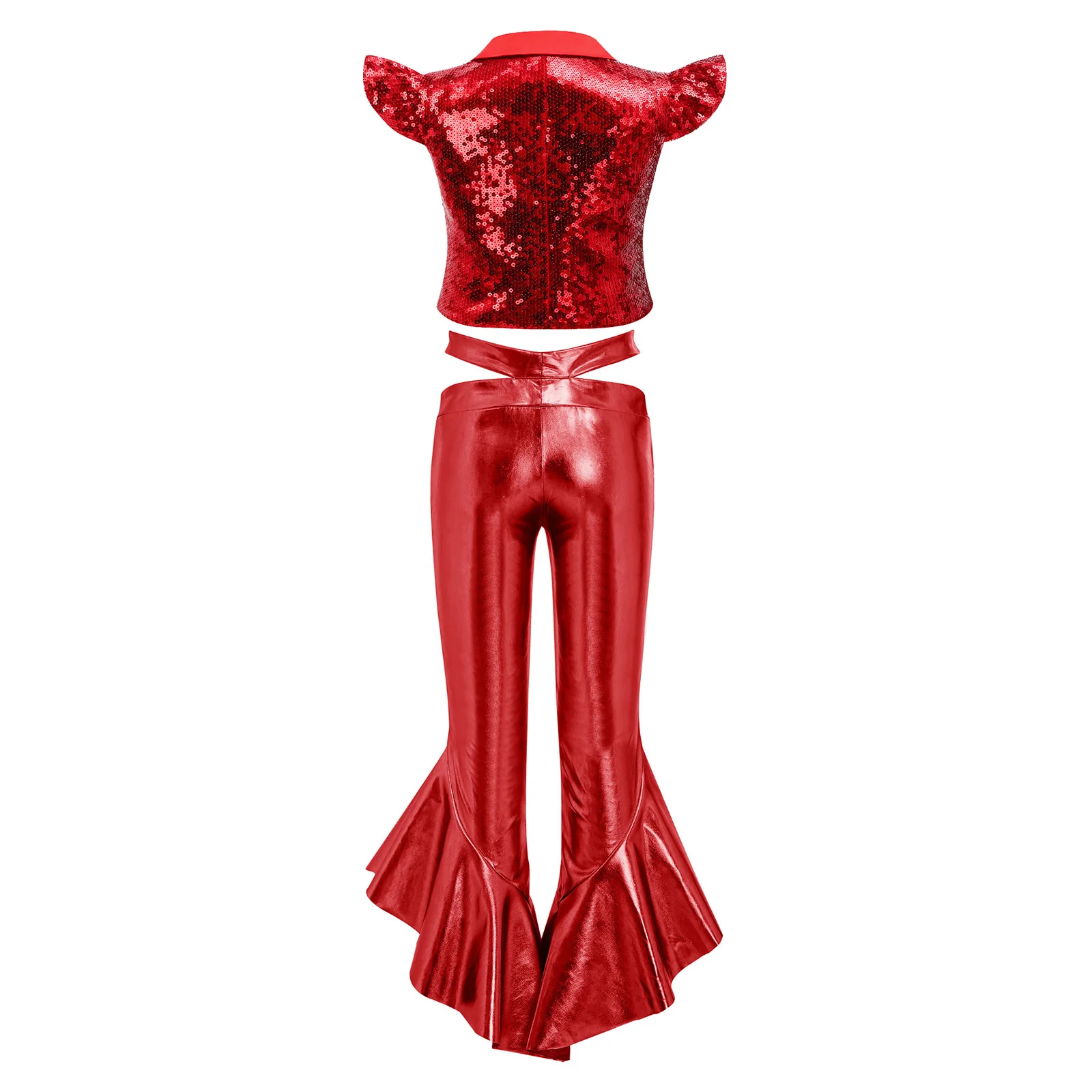 Kids Girls Metallic Glossy Jumpsuit Bodysuit with Fringed Skirt Sparkly Dancewear 70s 80s Disco Costume Jazz Hippie Dance Outfit