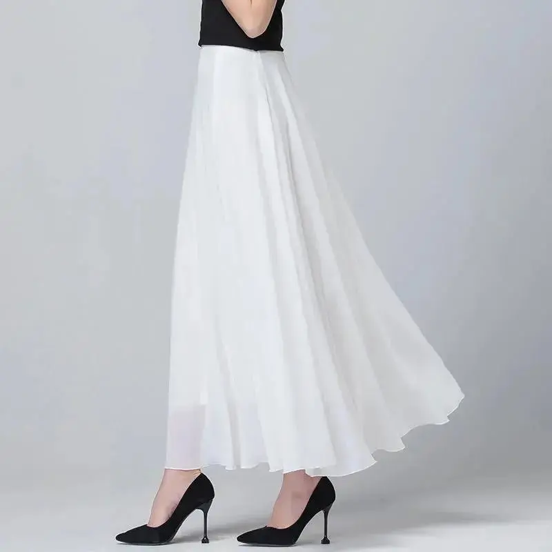 White Chiffion High Waist Tulle Skirts Women Long Elegant Plus Size Solid Dance Mesh Pleated Skirts C450