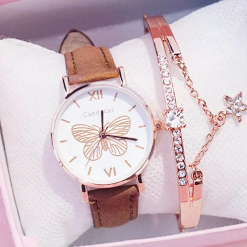 Ladies Fashion Versatile Butterfly Belt Watch Bracelet Set