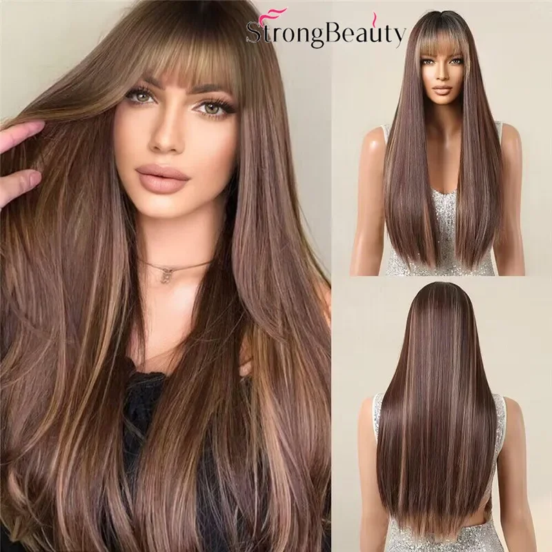 

StrongBeauty Long Straight Wigs with Neat Bangs Synthetic Hair Black Grey Wig Women Wig