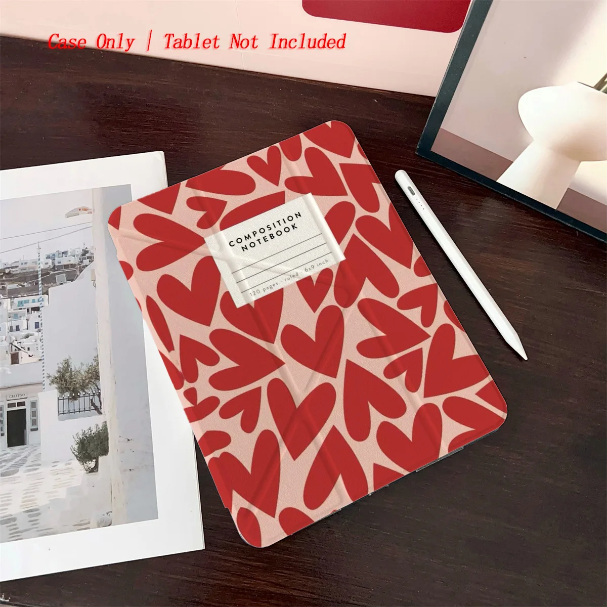 Elegant Y-Fold Acrylic Pink Background&Red Hearts iPad Case For Apple iPad Pro 11/12.9 Air 3/4/5 Mini 5/6 8th/9th/10th Gen Cover