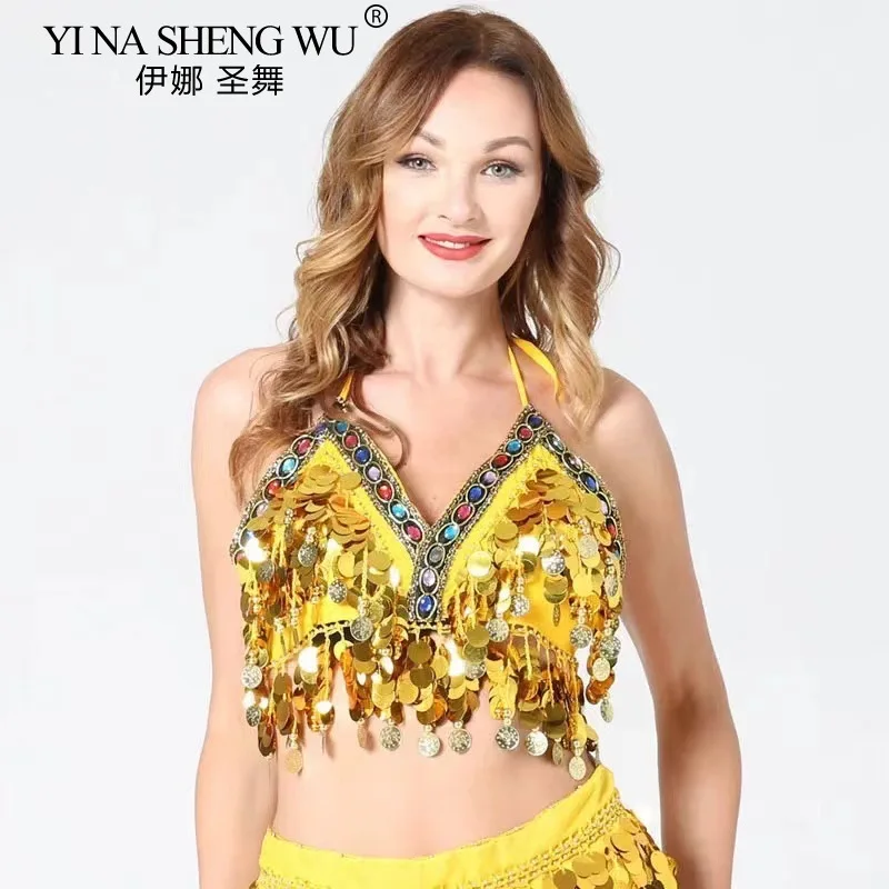 المرأة ملابس رقص البطن الترتر الصدرية الأعلى الكبار مثير عارية الذراعين قوس قزح الترتر شرابة السباغيتي حزام أعلى حجر الراين عملات أعلى