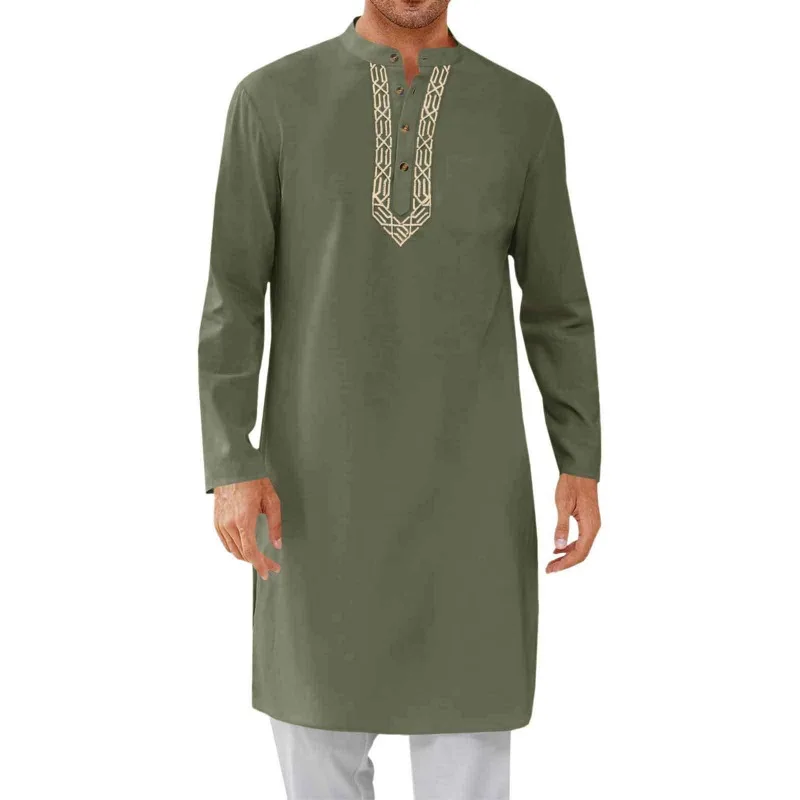Fashion Simple Arabian Style Mens Long Embroidered Muslim Jubba Robe