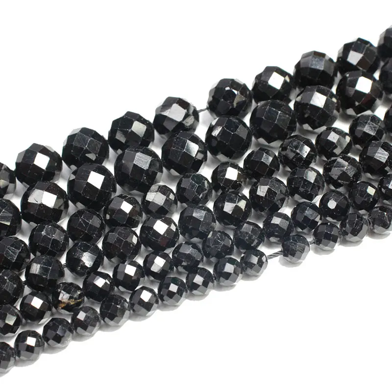 Fine 100% Natural Stone Faceted  Black Tourmaline Round Gemstone Spacer Beads For Jewelry Making  DIY Bracelet Necklace 6/8/10MM