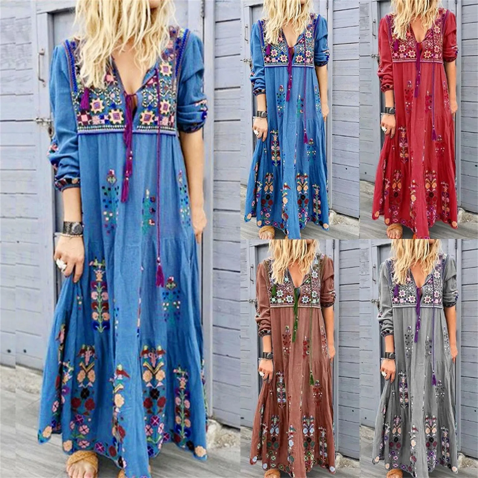 Fashion Vintage Ethnic Style Printed Long Dresses Long Sleeved Boho Beach Holiday Dress Plus Size Loose Casual Women\'s Dresses