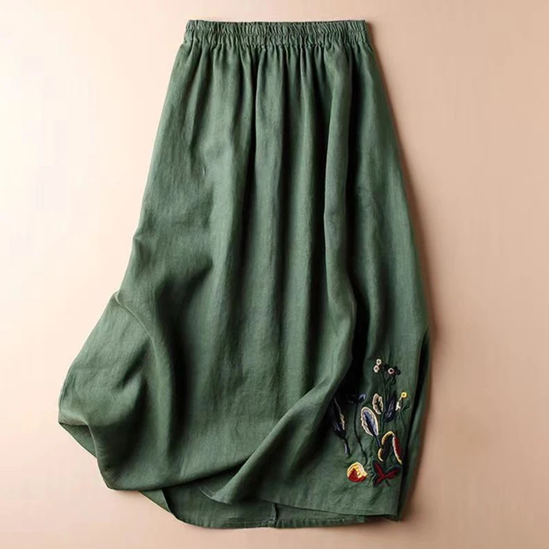 MEXZT Vintage Cotton Linen Skirt Women Summer High Waist Embroidery Print A Line Midi Skirts Fashion Solid Loose Casual Skirt