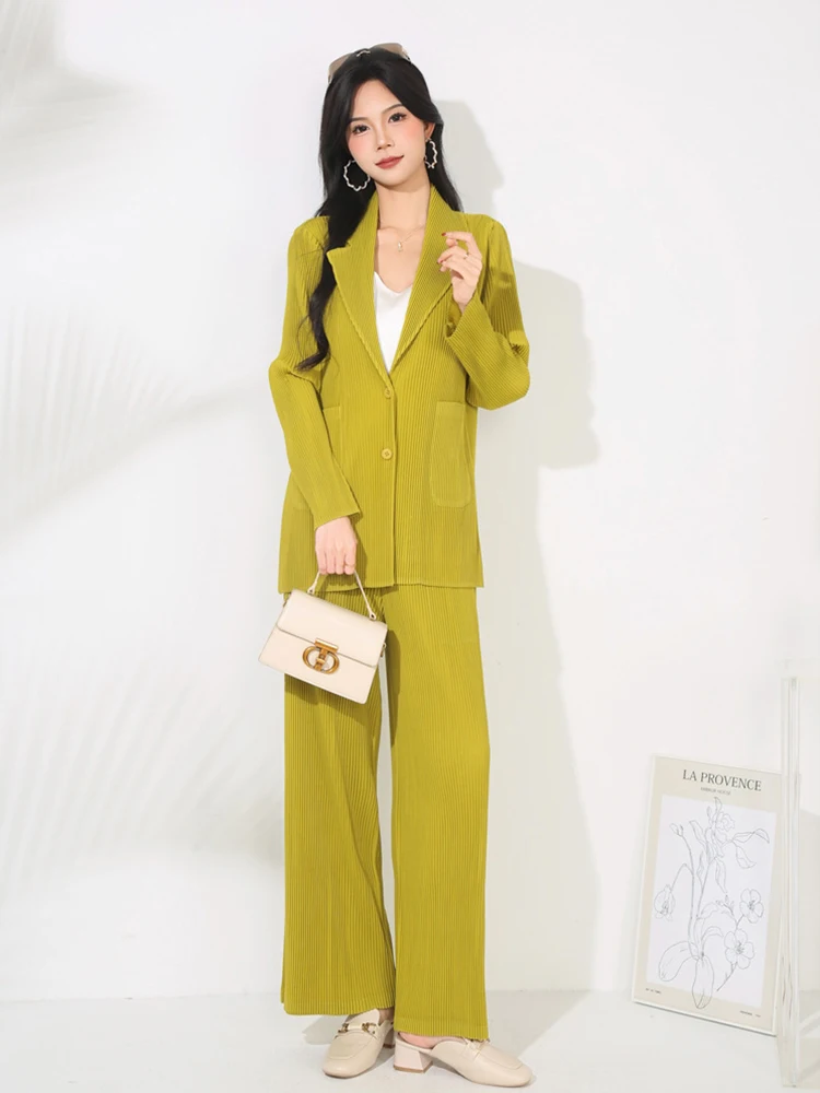 

Fashion Solid Pleated Blazer Pants Outfit Spring Women Single Buckle Long Sleeve Jacket+straight Trousers Autumn Two Piece Set