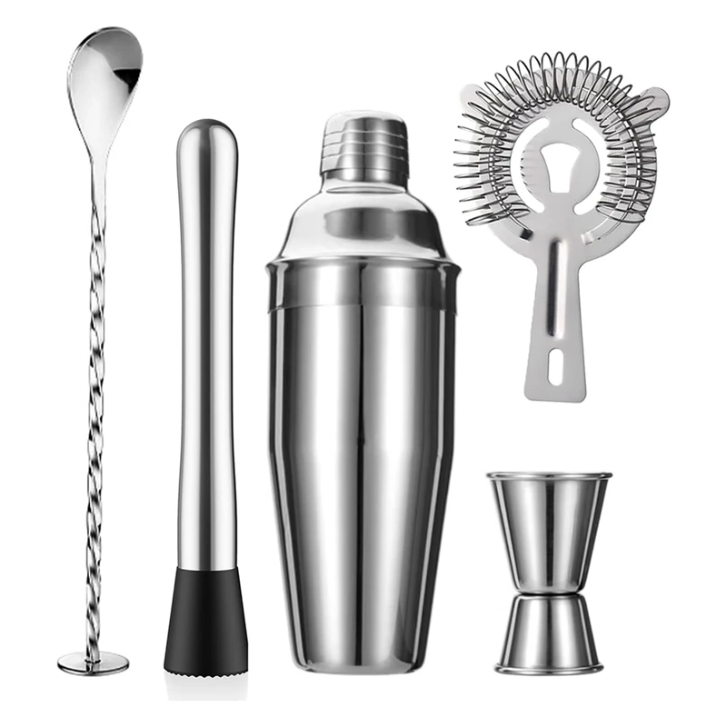 5-Piece Cocktail Shaker Set Shaker Strainer Jigger T-Mixing Spoon Muddler Bartender Kit Stainless Steel Bar Set