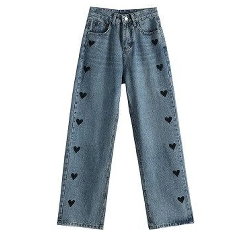 Retro Ladies Straight Pants Blue Personality High Waist Jeans Heart Print Slim Embroidery Casual Pants High Street Pants