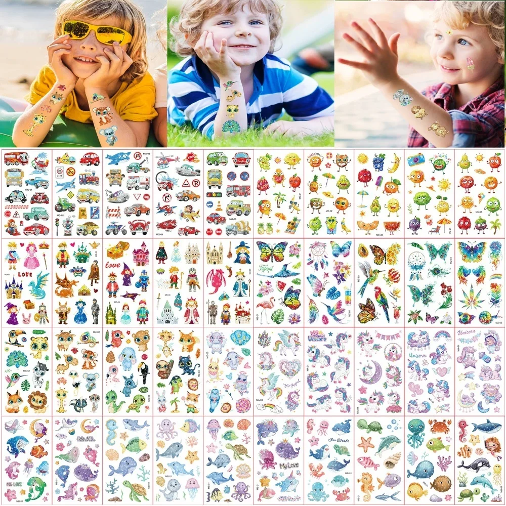 10pcs/lot Glitter Tattoo Fake Temporary for Children Unicorn Dinosaur Princess Castle Waterproof Tattoos Arm Neck Face Wrist Leg