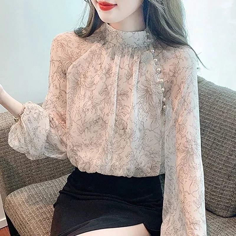 

Fashion Blouse Women Long Sleeve Printed Chiffon Shirt Spring Summer Loose Overshirt Beading-Button Elastic-Hem Streetwear Tops