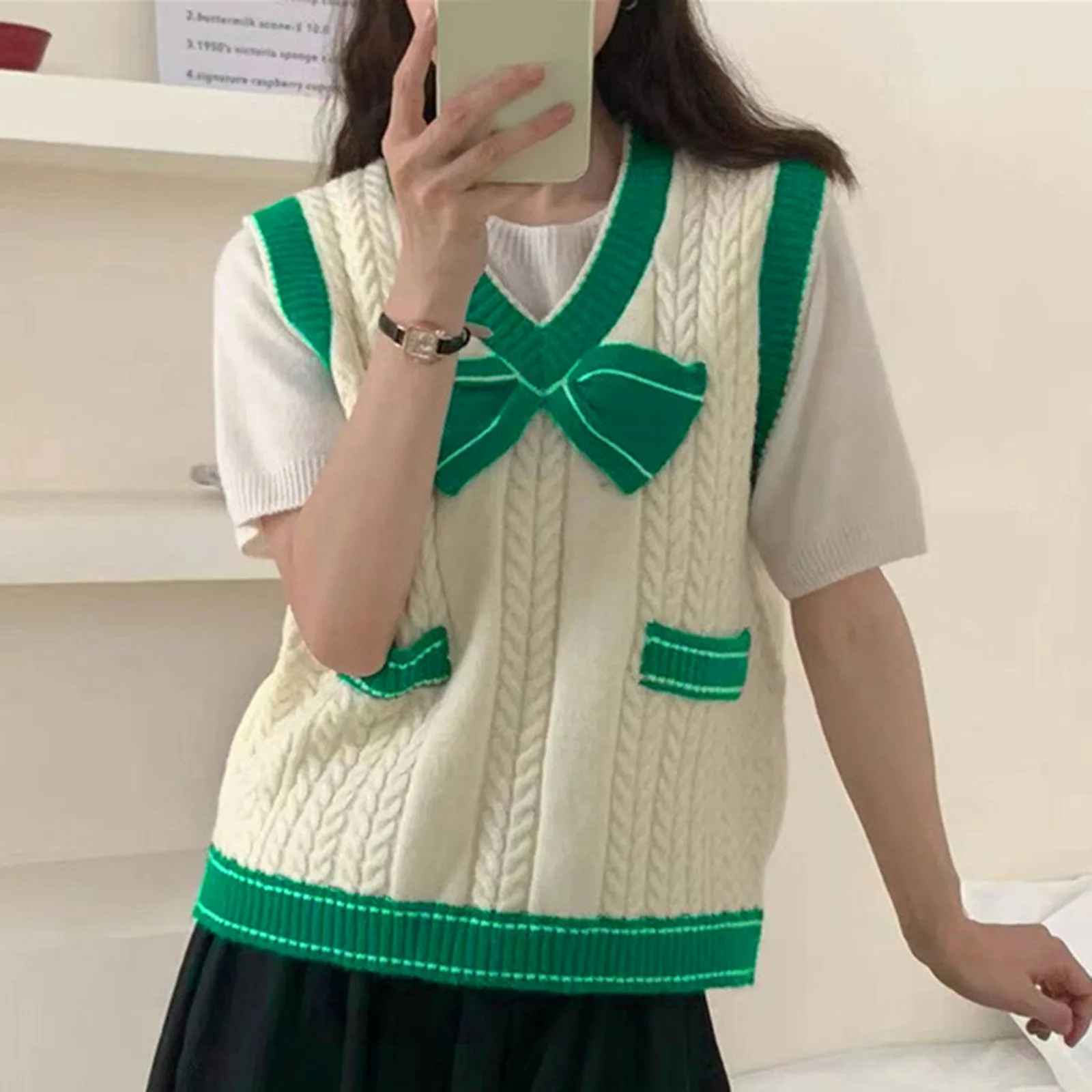 

Vintage Knitted Sweater Vest Women Winter Pullover Women V Neck Loose Sleeveless Sweaters Waistcoat Tops