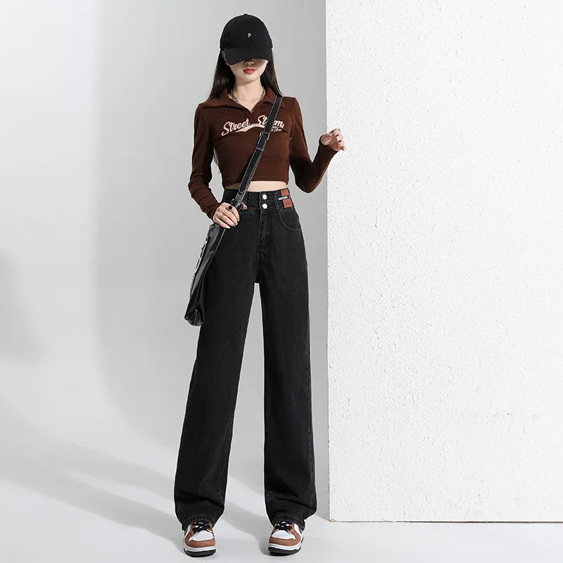 High quality long jeans for women wide leg high waist cotton denim casual young ladies casual trousers - blue black