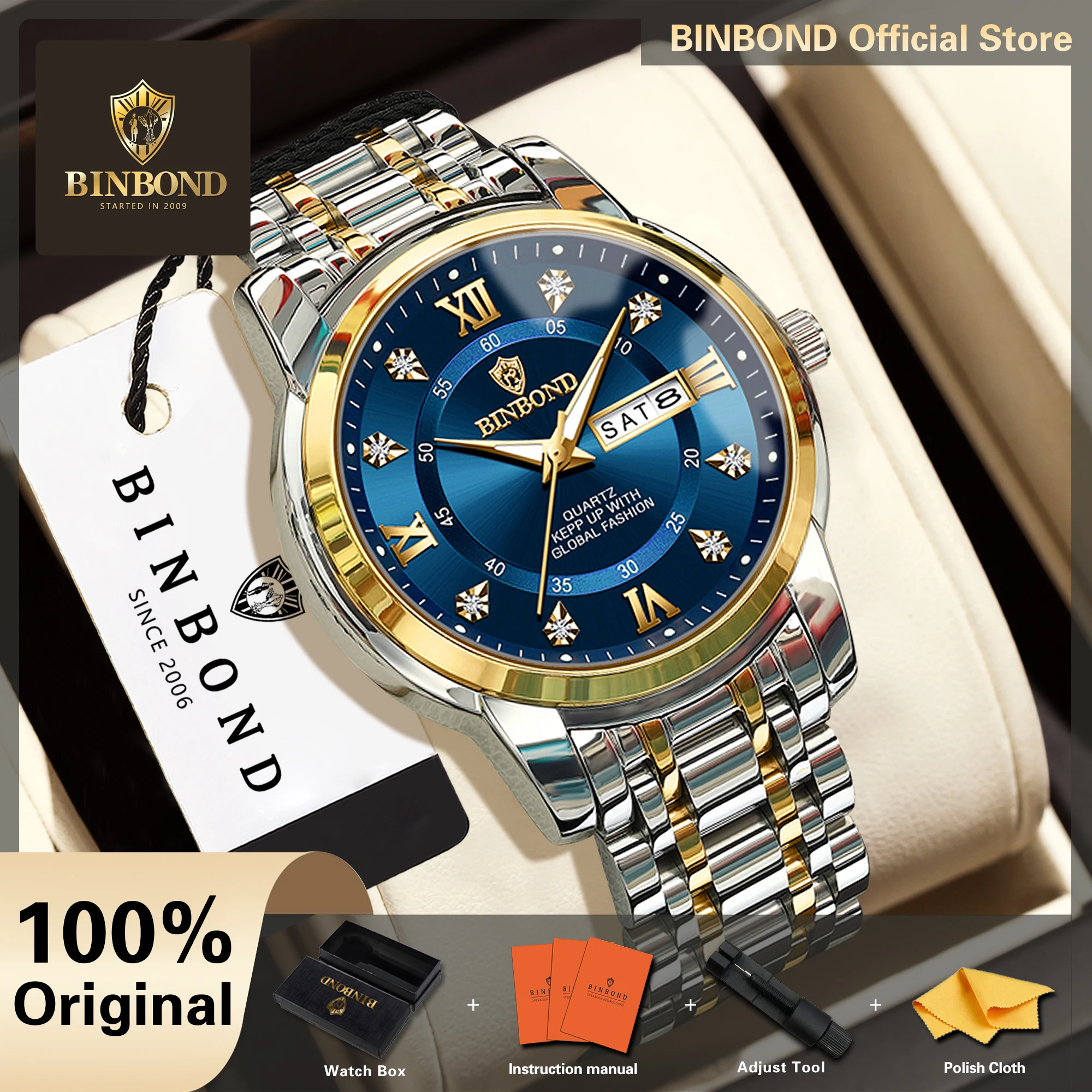 BINBOND Quartz Watches For Men Luxury Luminous Waterproof Auto Date Men's Watch Relojes Para Hombres Stainless Steel Reloj +Box