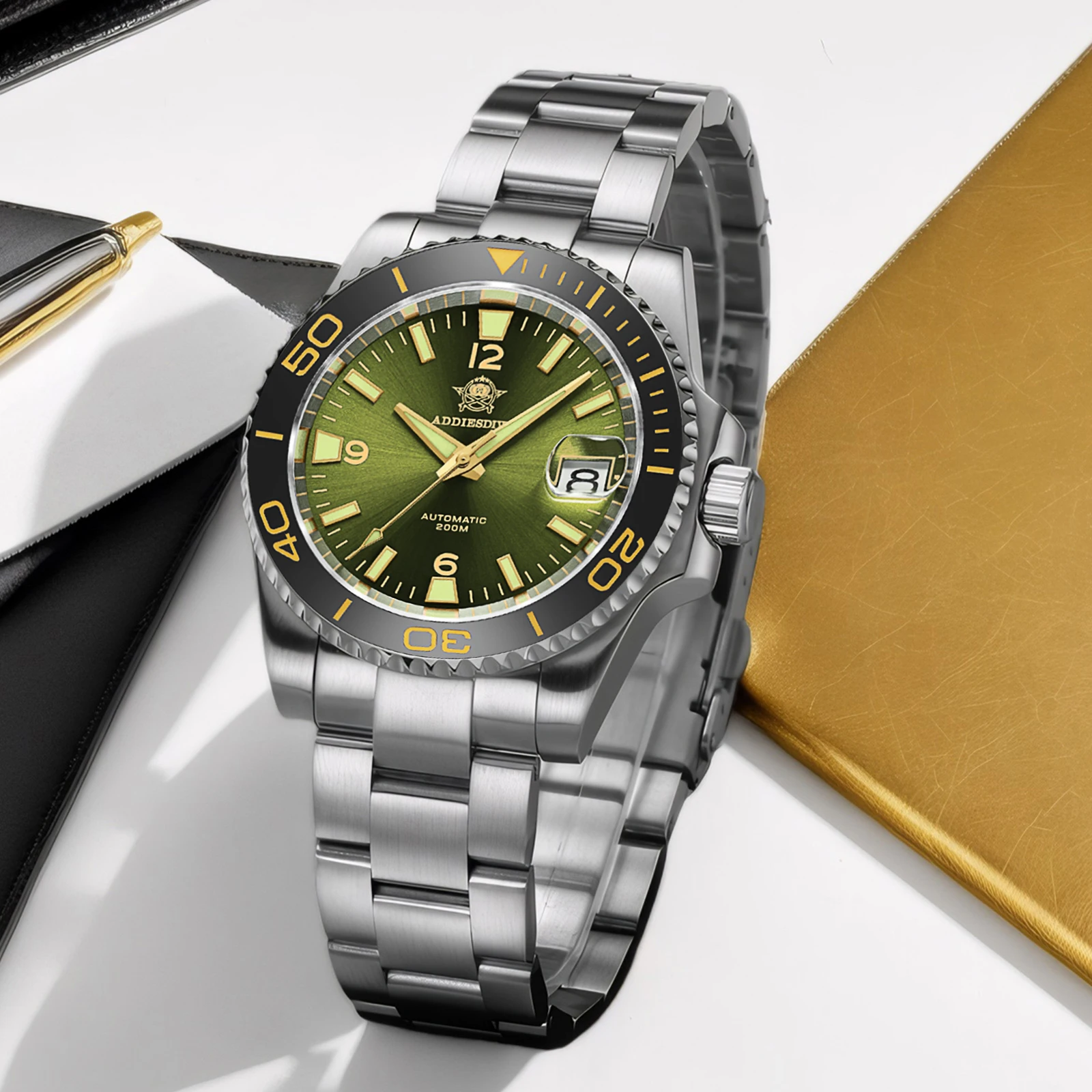 ADDIESDIVE Stainless Steel Sapphire Glass Automatic Watch Japan 8215 NEW Green Mechanical Watches AD2505 Mens Relogio Masculino