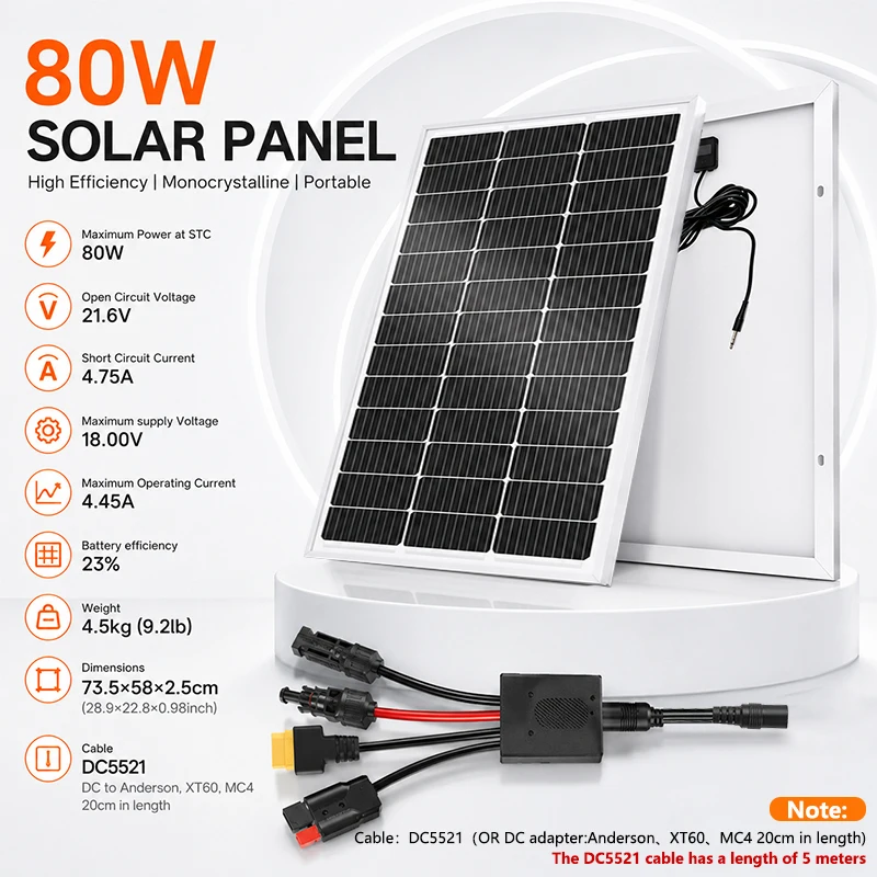 Starres Glas-Solarmodul 80W mit 5M DC-Kabel & 5-in-1 Adapterkabel Balkonmontage Tragbares Photovoltaik-Modul für Powerstation Outdoor RV Camping Haushaltsenergieaufladung