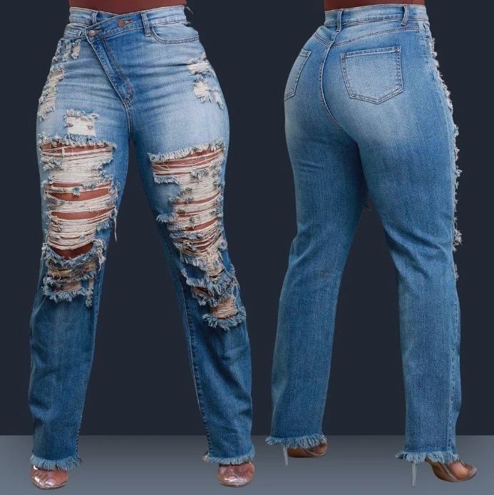 

Women's Denim Pants Casual Straight Irregular Button Design High Waisted Elastic Ripped Raw Tassel Fashion Basic Tight Jeans