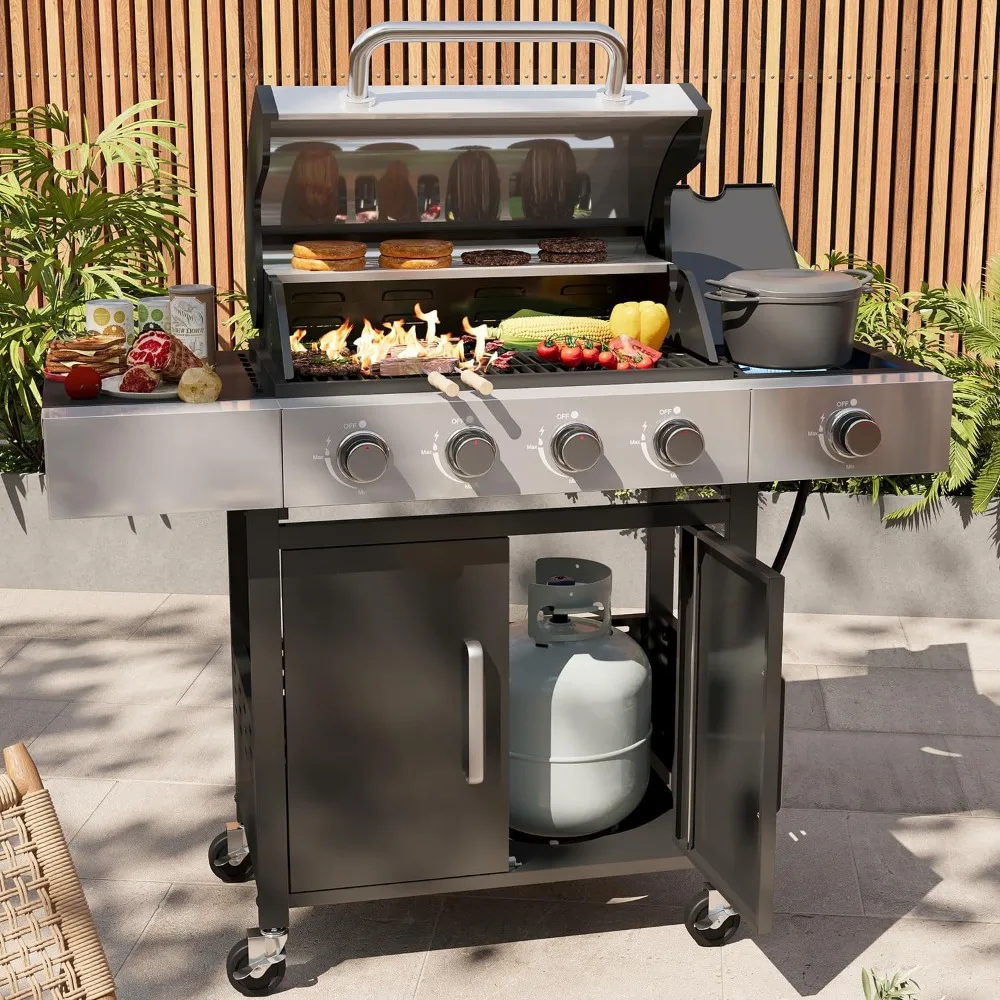4-Burner Propane Grill with Side Burner, 49000 BTU Gas Grill, Stainless Steel Outdoor Grill with Cast Iron Grates, Customized