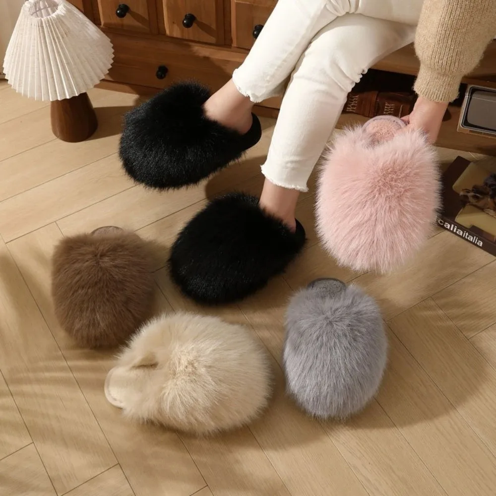 1 Pair Fluffy Faux Fur Women Fluffy Fur Slippers with TPR Non-slip Sole Non-slip Winter House Slippers Indoor Warm Slippers