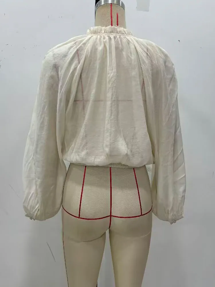 HH Women Autumn Fashion Sweet Bubble Sleeve Droop Semi-Translucent Shirt Female Chic Tencel Fabric Loose Long-Sleeved Shirt