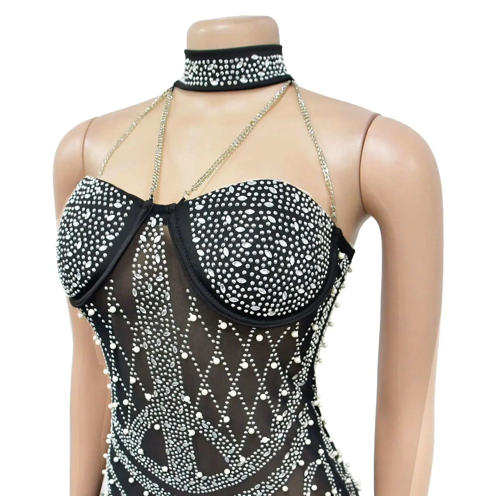 Mulheres Strass Cristal Pena Patchwork Bodysuits Gola da cabeçada, Macacão, Aniversário, Coquetel, Roupas de Festa Dançando, 2023