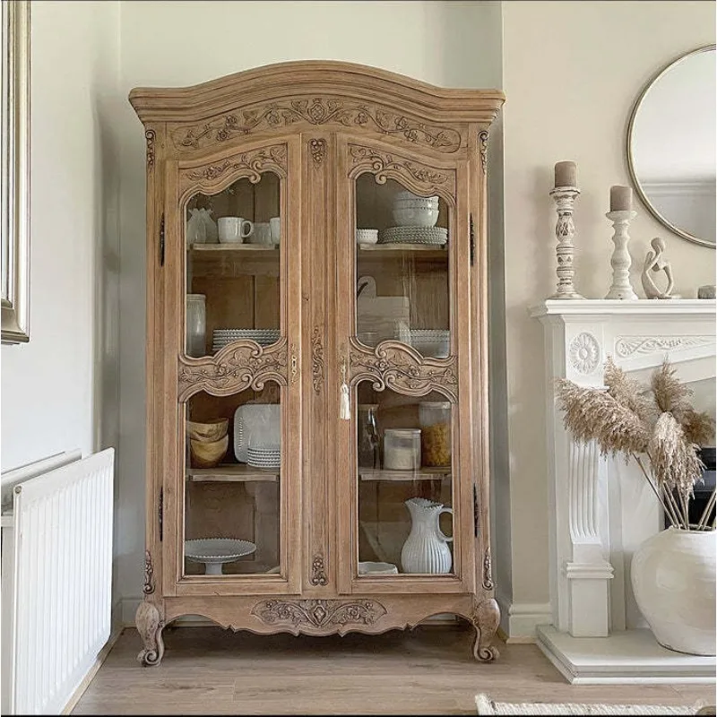 French solid wood curved glass living room decorative cabinet, retro display wine cabinet