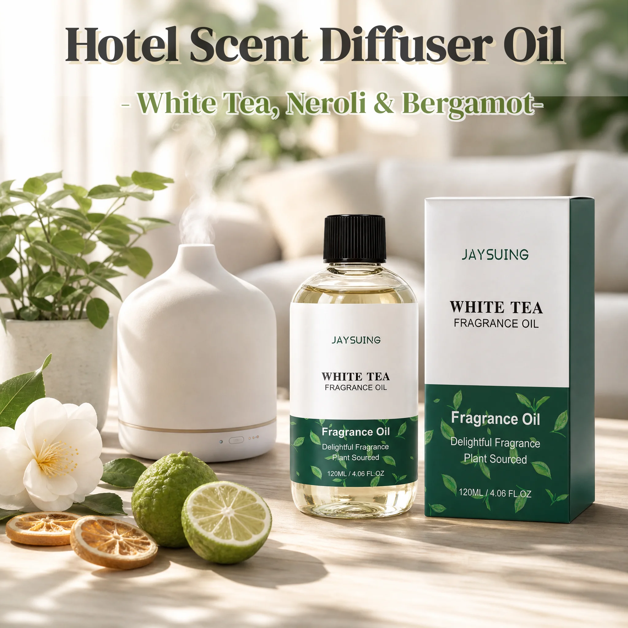 Jaysuing White Tea Diffuser Oil,Air Freshener & Room Spray,Lasting Hotel Scent Essential Oil with Notes of Tea,Neroli & Bergamot