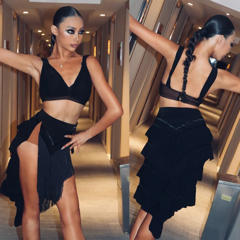 

New Women'S Deep V-Strap Strap Tassel High Fork Multi Level Skirt Suit Latin Dance Costumes For Adult Chacha Latin Wear DQS18613