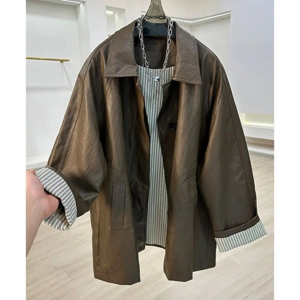 

Women's High-End Casual Loose Leather Jacket Coat Korean Fashion Striped Design Spring New