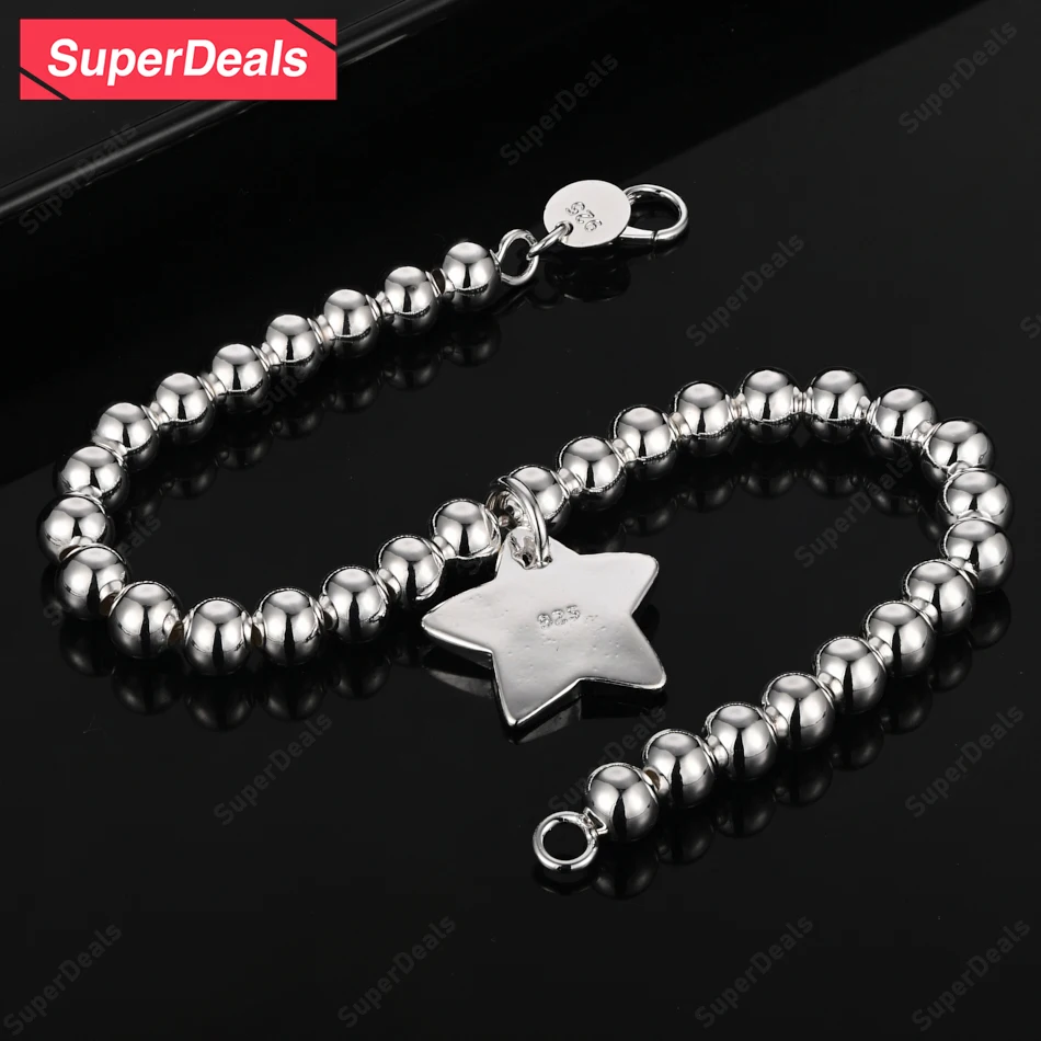 

SuperDeals Star Pendant Smooth Bead Chain 925 Sterling Silver Bracelet For Men Women Fashion Design Jewelry Wedding Party Gift