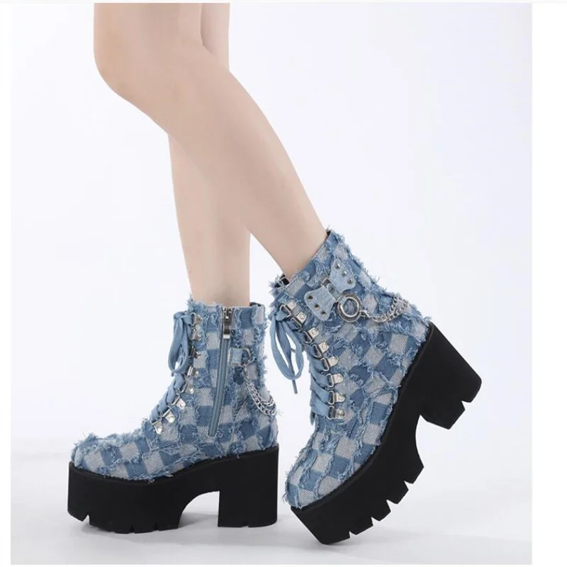 New Denim Blue Checkered Rivet Buckle Chain Short Boots Autumn Winter Side Zipper Thick Sole Cross Strap Women Boots Size 35-43