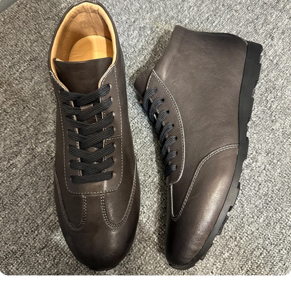 QHCCIDHigh-top men's new leather casual shoes, flat-bottom lace-up boots, retro and versatile black shoes