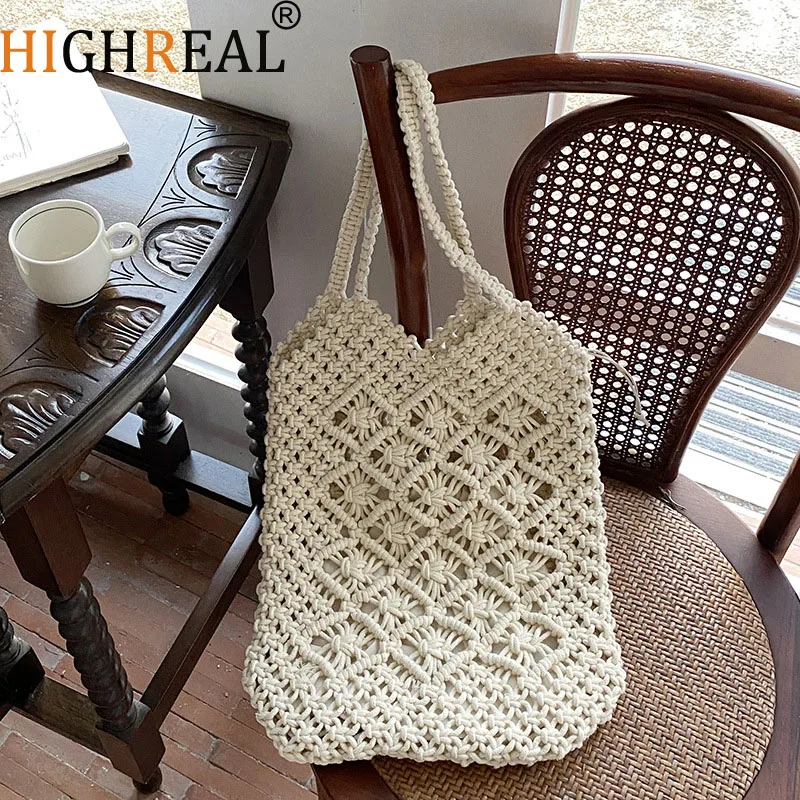 

Новая модная тканая сумка из хлопковой веревки, женская высококачественная простая полая соломенная сумка ручной работы с завязками, летние пляжные повседневные сумки для отдыха