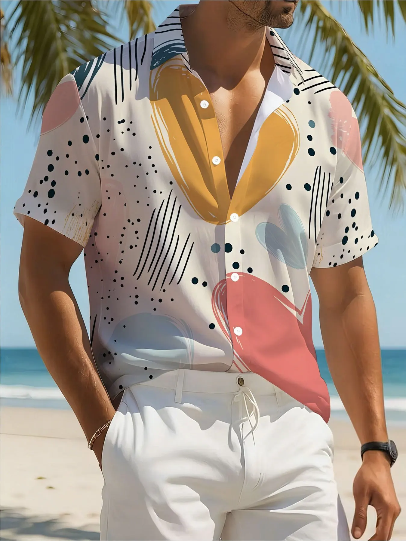 Men's Shirt Hand Drawn Heart Print Short Sleeve Lapel Button Down Casual Summer Holiday Tops Men Clothing