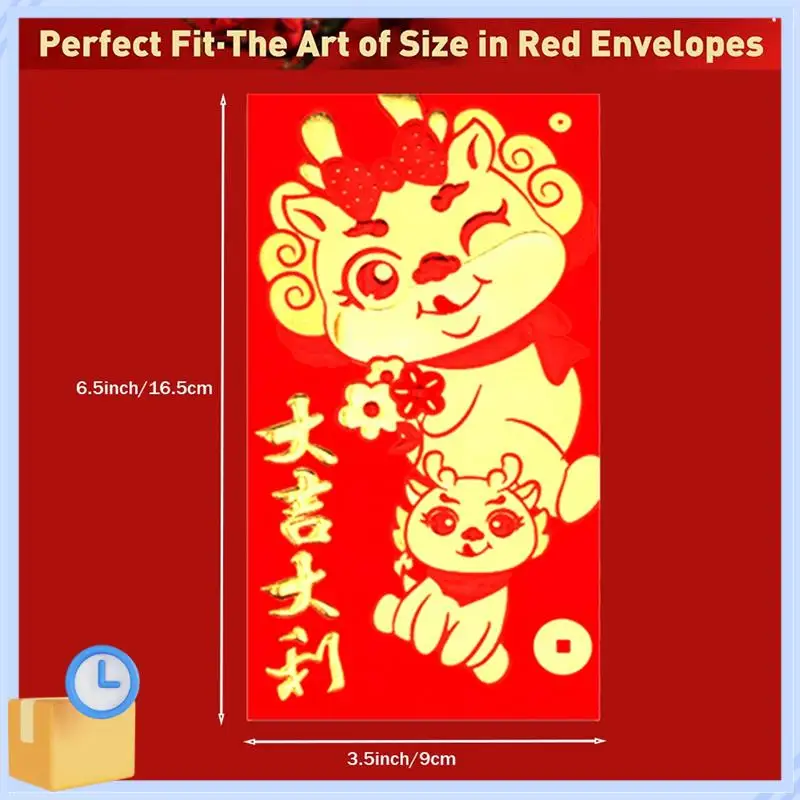 Populaire 36 stuks Chinese rode enveloppen 2024 Nieuwjaar, 6 ontwerpen, Chinese enveloppen voor geld 2024 Dragon Lunar New Year, 6.5X3.5Inch D
