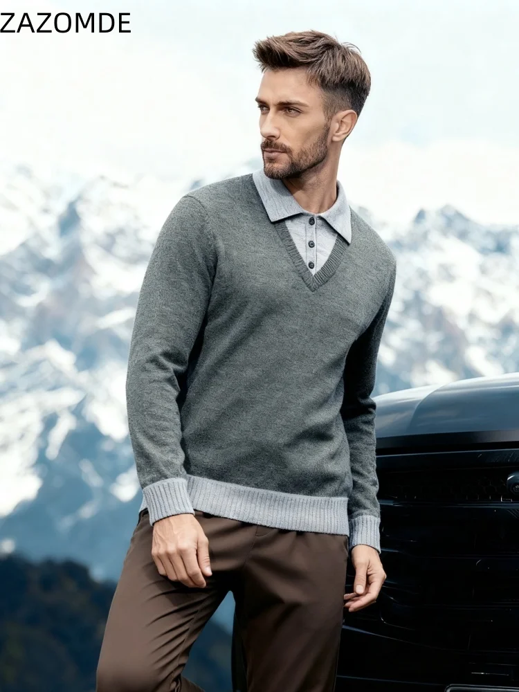 

ZAZOMDE Classic Polo Style Fake Two Piece Sweater Mens Timeless Design Breathable Blend Long Sleeve Pullover Versatile Wear
