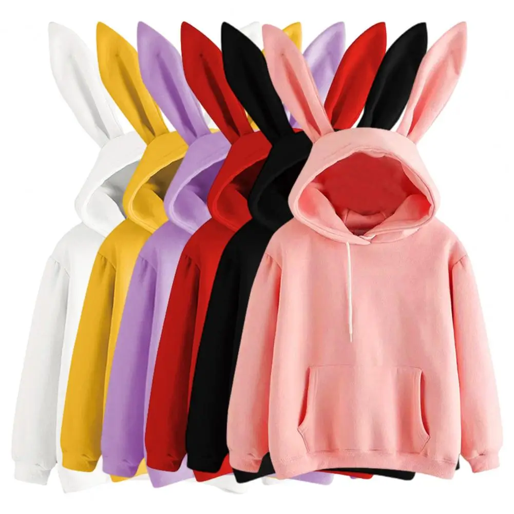 

Women Winter Hoodie Soft Warm Lady Hoodie Top with Bunny Ear Decor Drawstring Elastic Cuff for Women Fall Winter Pullover Hooded