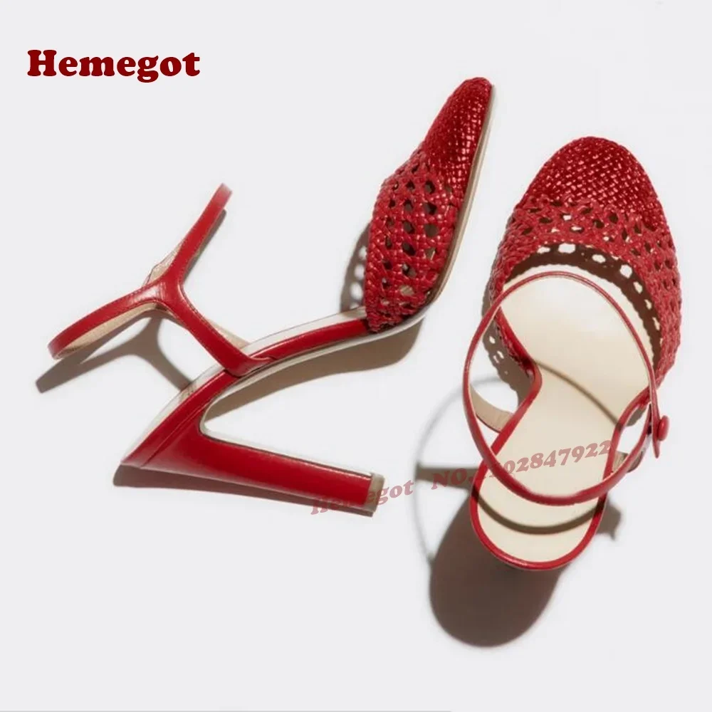 

Red Weaven Stiletto Heels Sandals Round Toe Hollow Out Women's Sandals Buckled Ankle Strap Slingback Elegant Casual Shoes Sexy