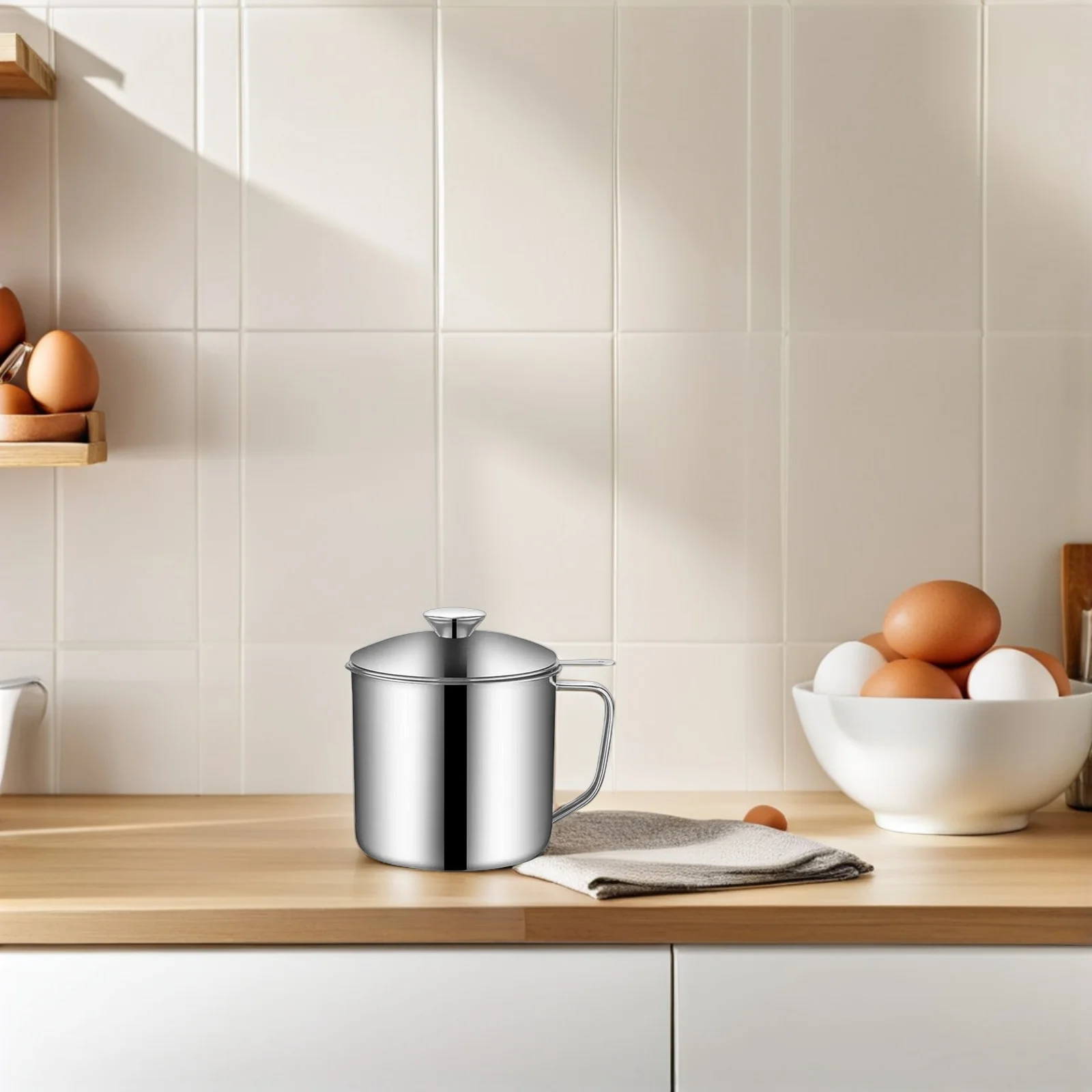 

2Pcs Stainless Steel Oil Strainer Pot Fine Mesh Saving Capacity Ergonomic Handle Kitchen Cooking Baking