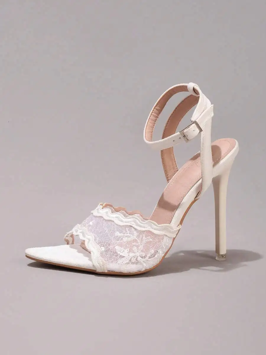 

Womens White Lace Pointed Toe Ankle Strap High Heel Sandals For Party Evening Formal Wear