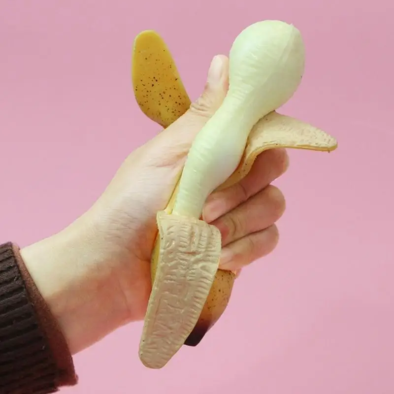 Realistic Banana Desk Toy in Soft Rubber, Peeled Banana Squeeze Toy for Teens and Adults, 18 Portable Stress Relief Plaything