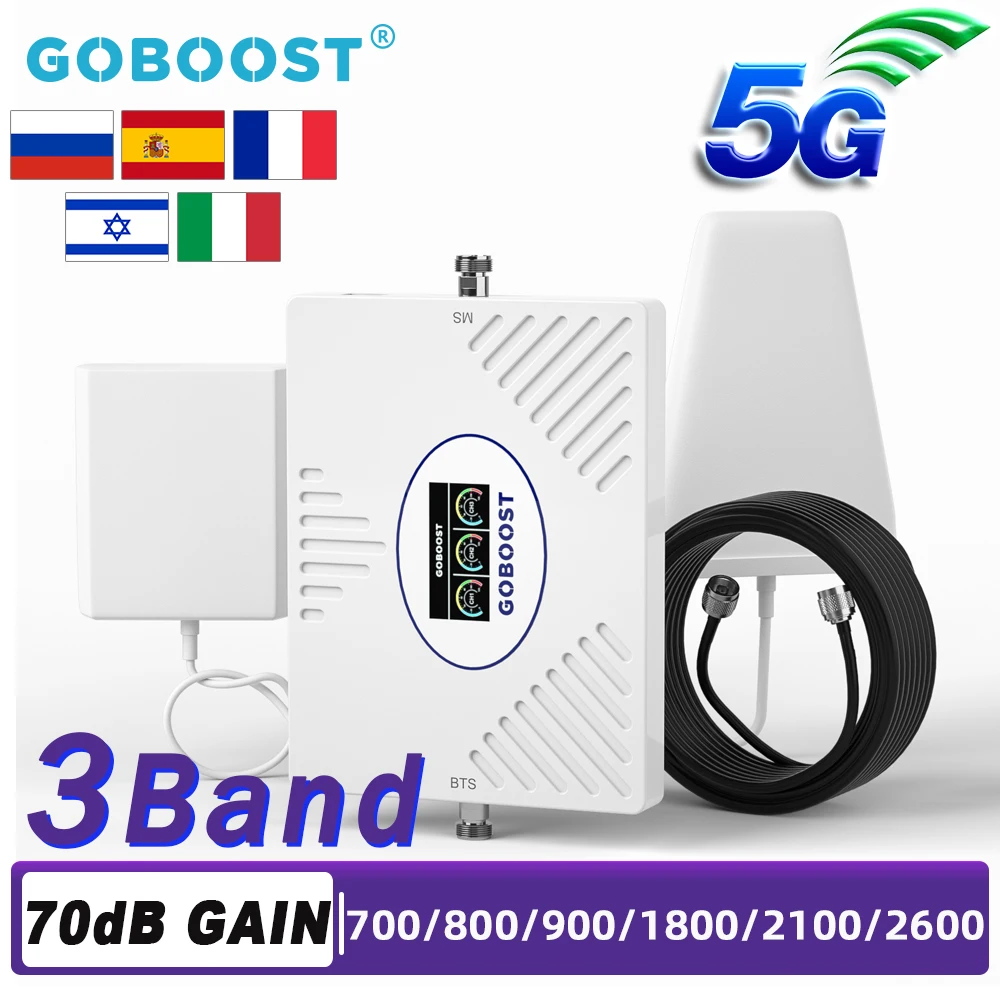 GOBOOST 5g 4g 3g amplificador de señal de red 3 bandas 700 800 900 1800 2100 2600MHz repetidor de Internet amplificador celular Kit completo