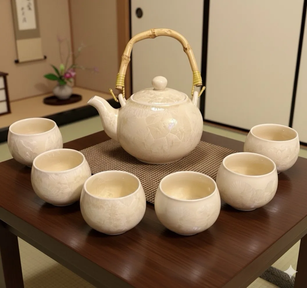 Juego de Té Japonés Autografiado de 8 Piezas, Porcelana Kyoto Touan, Cristalino con Flores, Yunomi