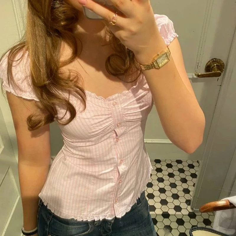 

Y2K Ruched Button up Crop Top Cute Aesthetic Frill Tri 2000s Sle Spring Faion Ladies' Sweatirt/Velvet irt