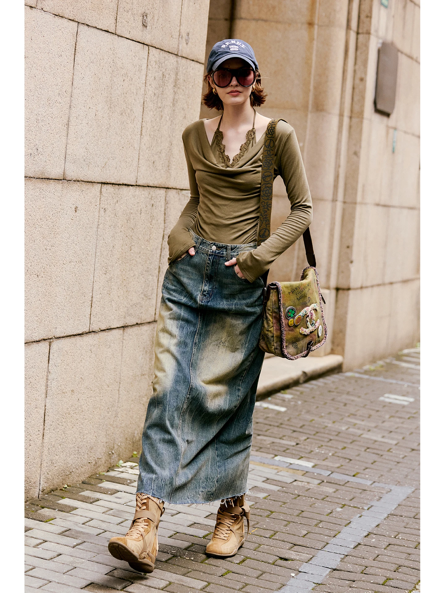 Luna7xi Gradient Washed  Denim Long A-Line Skirt Women's High Waist Cotton Comfortable Vintage Hemline City Commute