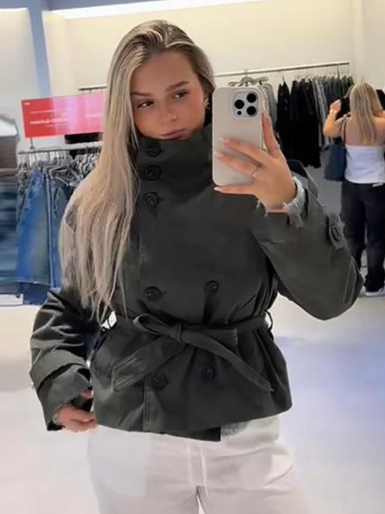 2025 الخريف الوقوف طوق معطف واقٍ من المطر للنساء موضة كم طويل حزام مزدوجة الصدر سترة سيدة شارع العليا شيك ملابس خارجية