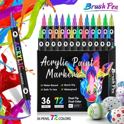 24/48/72 Colors Acrylic Paint Markers,Dual Tip Pens With Dot Tip and Brush Tip for Rock Painting,Wood,Ceramic,Fabric,Canvas,DIY