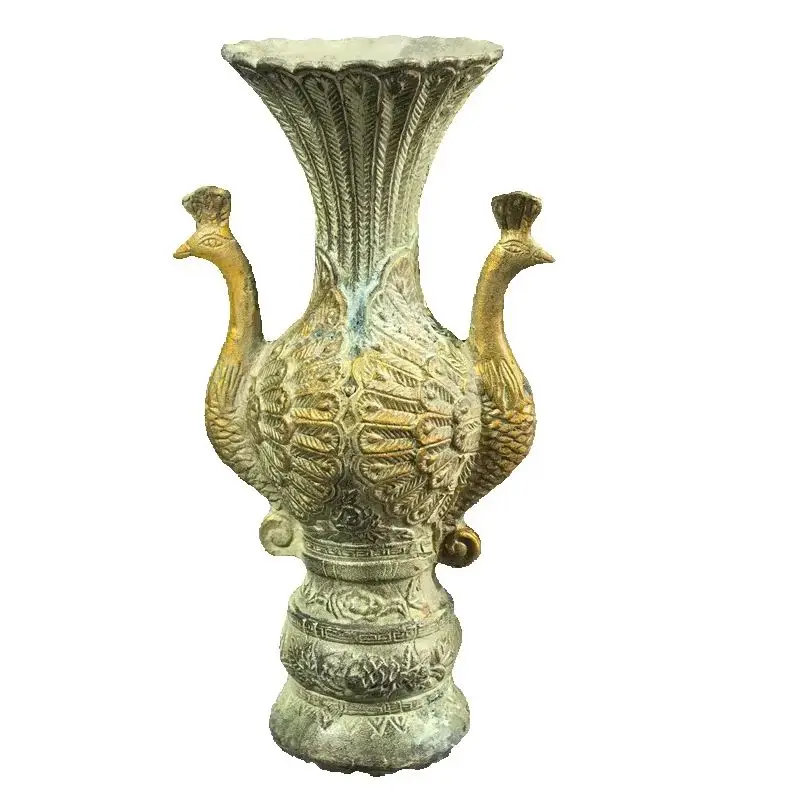 Pure Copper Gilded Double Phoenix Relief Vase Auspicious Home Decor Unique Cultural Collectible from China