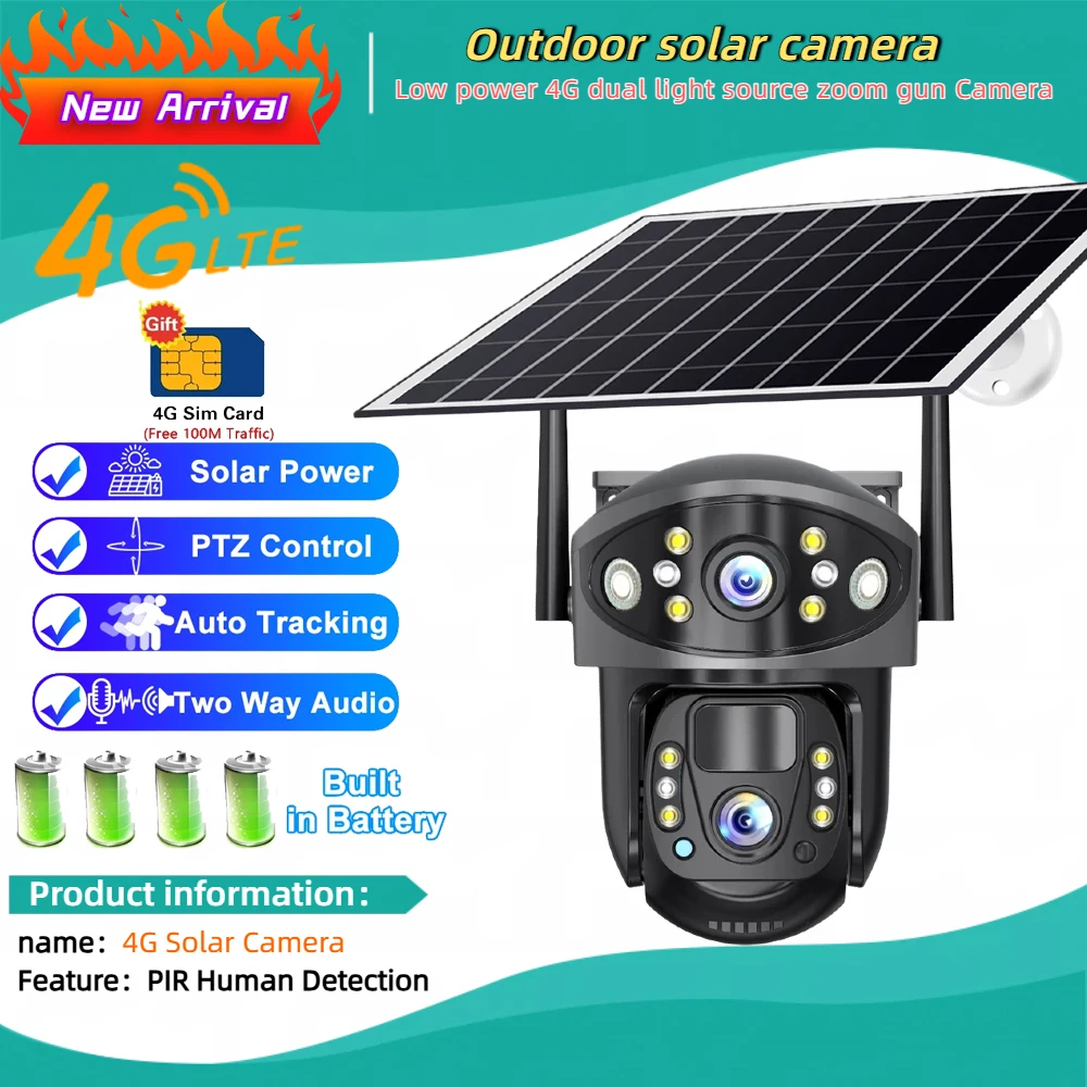 

Солнечная 8MP 4G с SIM-камерой наблюдения, 2 объектива, 3 экрана, 10-кратный зум, PIR, камера обнаружения человека, ночное видение, наружная безопасность, видеонаблюдение