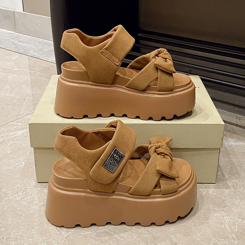 

8CM Women Summer High Platform Butterfiy-knot Sandals Wedges Chunky Slippers Outside Ankle Strap Beach Casual Slides Woman 2025
